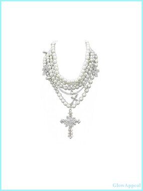 Layered Pearl Necklace Gothic Cross Stacked Pearl Necklace for Women